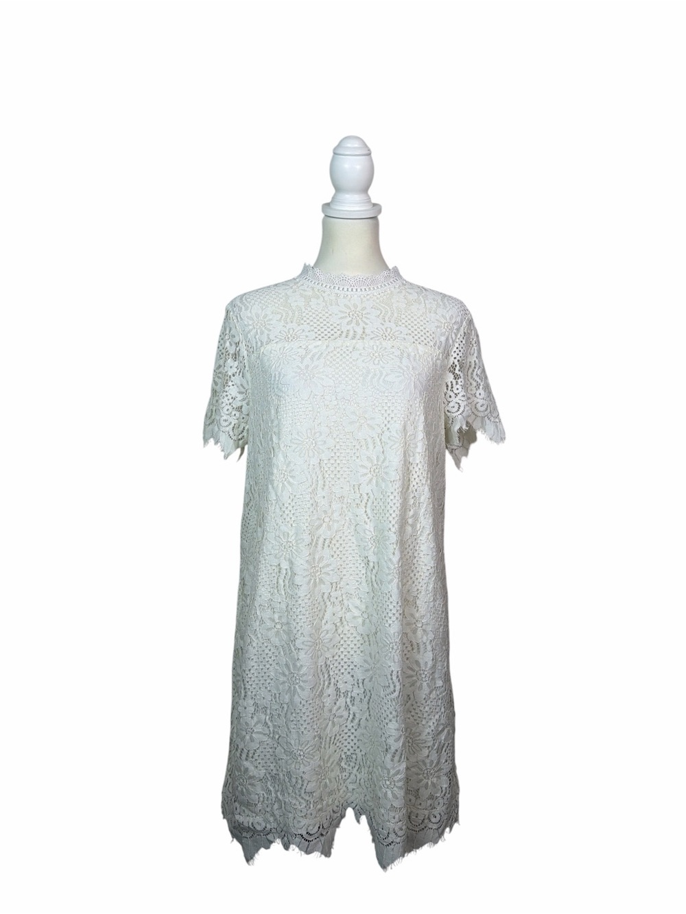 Entro Women’s Medium Ivory Floral Lace Mock Neck Shift Dress Boho Bridal